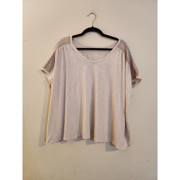 Pure J Jill Womens 3X Cream Colored Banded Embroidered Tee Cap Sleeve Top Shirt - Picture 1 of 8